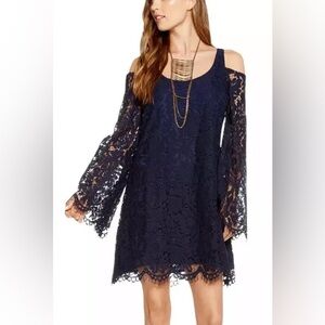 CHASER Lace Bell Sleeve Mini Dress Size MEDIUM Navy Blue